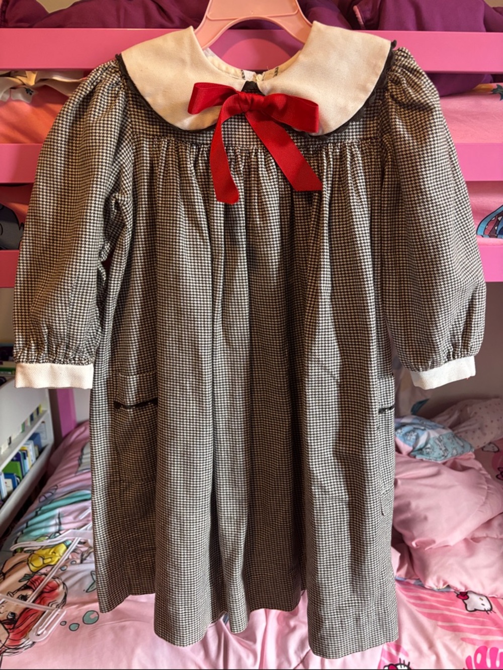 Girls Black & White Houndstooth Dress with Red Bow